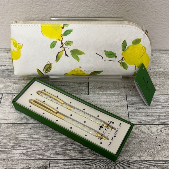 Kate Spade Lemon Print Pencil Case with Gold Pen/Pencil Set Bundle - Picture 1 of 11